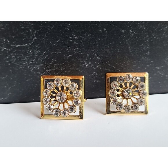Square Shaped Clear Rhinestone Screwback Earrings Vintage - Picture 4 of 10